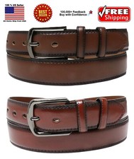 DARK BROWN, BURGUNDY STITCHED LEATHER BELT GUN METAL BELT BUCKLE