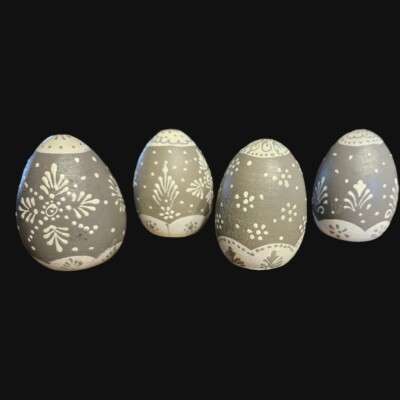 4 Handpainted Wooden Eggs 3''Gray White Spring Seasonal  Decor Bowl Filler
