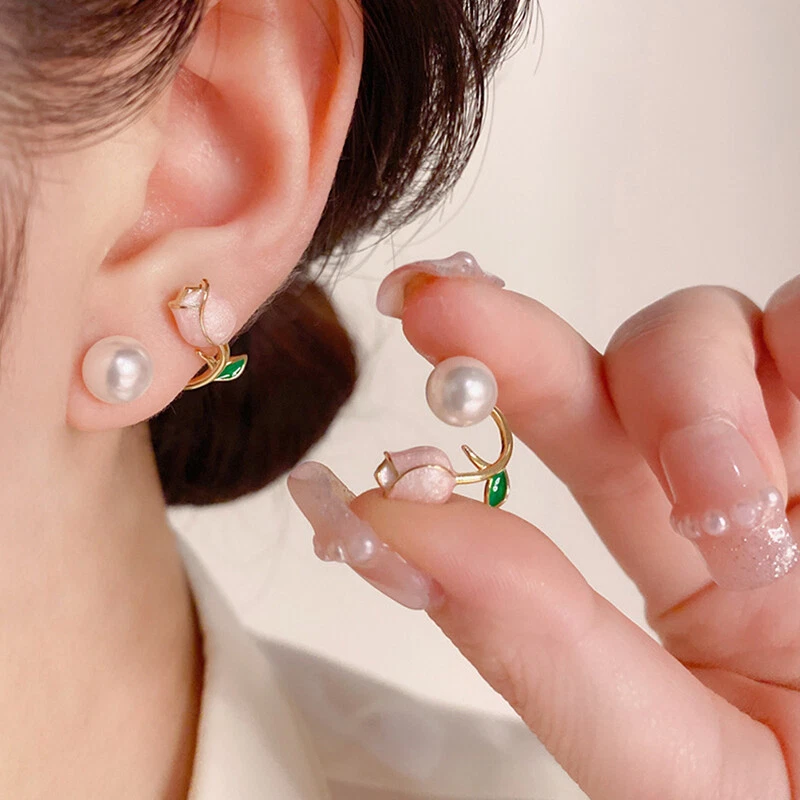 Fashion Tulip Pearl Earrings for Women Flowers Stud Earrings Party