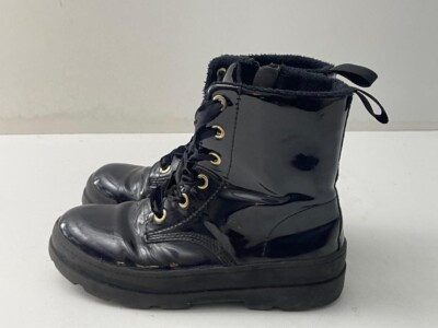 H&M Girls Black Patent Leather Side Zip Lace UP Ankle Boots UK