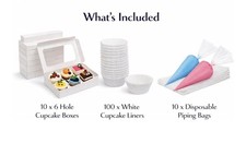 Cupcake Box Set – 10 x 6 Hole Cupcake Boxes with 100 Liners & 10 Piping Bags New