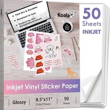 Koala Inkjet Printable Vinyl Sticker Paper for Inkjet Printer - 50 Sheets Whi...