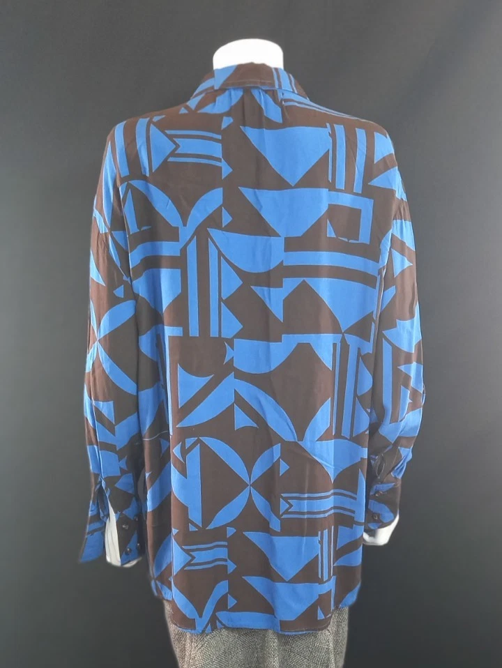 Next Blue Black Pattern Long Shirt Roll Tab Sleeves UK 18 EU 46 100% Viscose - Image 2 of 4