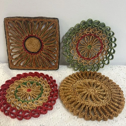 Vintage Hand Woven Straw Colorful Hot Pads Trivets Set Of 4 MCM 1970s Boho Retro image 2
