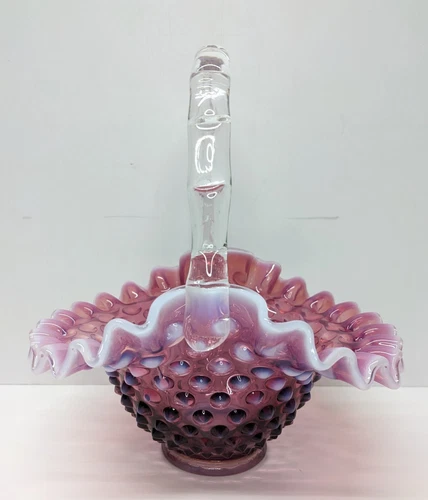 VTG Fenton Art Glass Plum Opalescent Hobnail Basket 7"