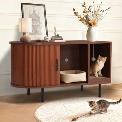 Cat Litter Box Furniture Enclosure with Scratch Pad Sliding Door TV Stand