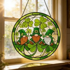 St Patrick’s Day Gnomes Glass Suncatcher, Faux Stained Glass Shamrock Window