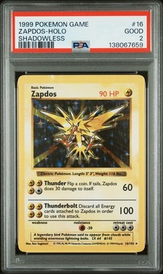 ZAPDOS SHADOWLESS 16/102 サンダー 英語版 1999 POKEMON BASE SET SHADOWLESS #16 ZAPDOS-HOLO PSA 2 | eBay