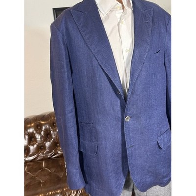 Brunello Cucinelli Blue Herringbone Linen Peak Lapel Deconstructed Blazer 50 40