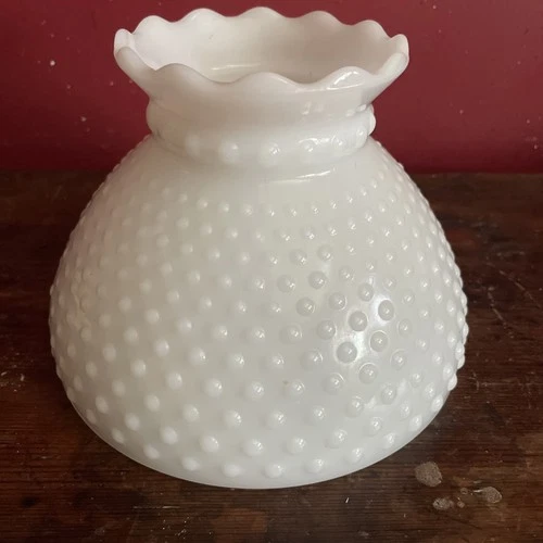 VTG White Hobnail Milk Glass Hurricane Lamp Shade Ruffle Top Rim 8" Fitter