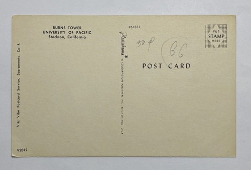 Burns Tower University of Pacific Stockton California Postcard Unposted - Picture 2 of 2
