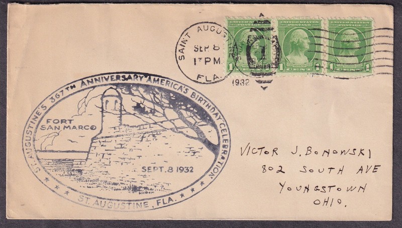 Sep 8 1932 cachet cover Saint Augustine Florida 367th anniversary