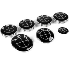 BMW Badges 82MM, 82mm + Steering Wheel 45mm,  7 Piece Set, 68mm Caps Black