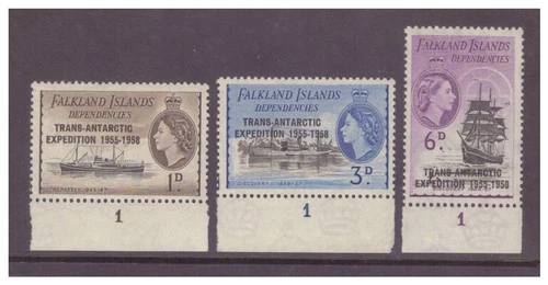 Falkland Islands Dependencies QEII 1956 Expedition 1d 3d 6d plate singles MM/MH