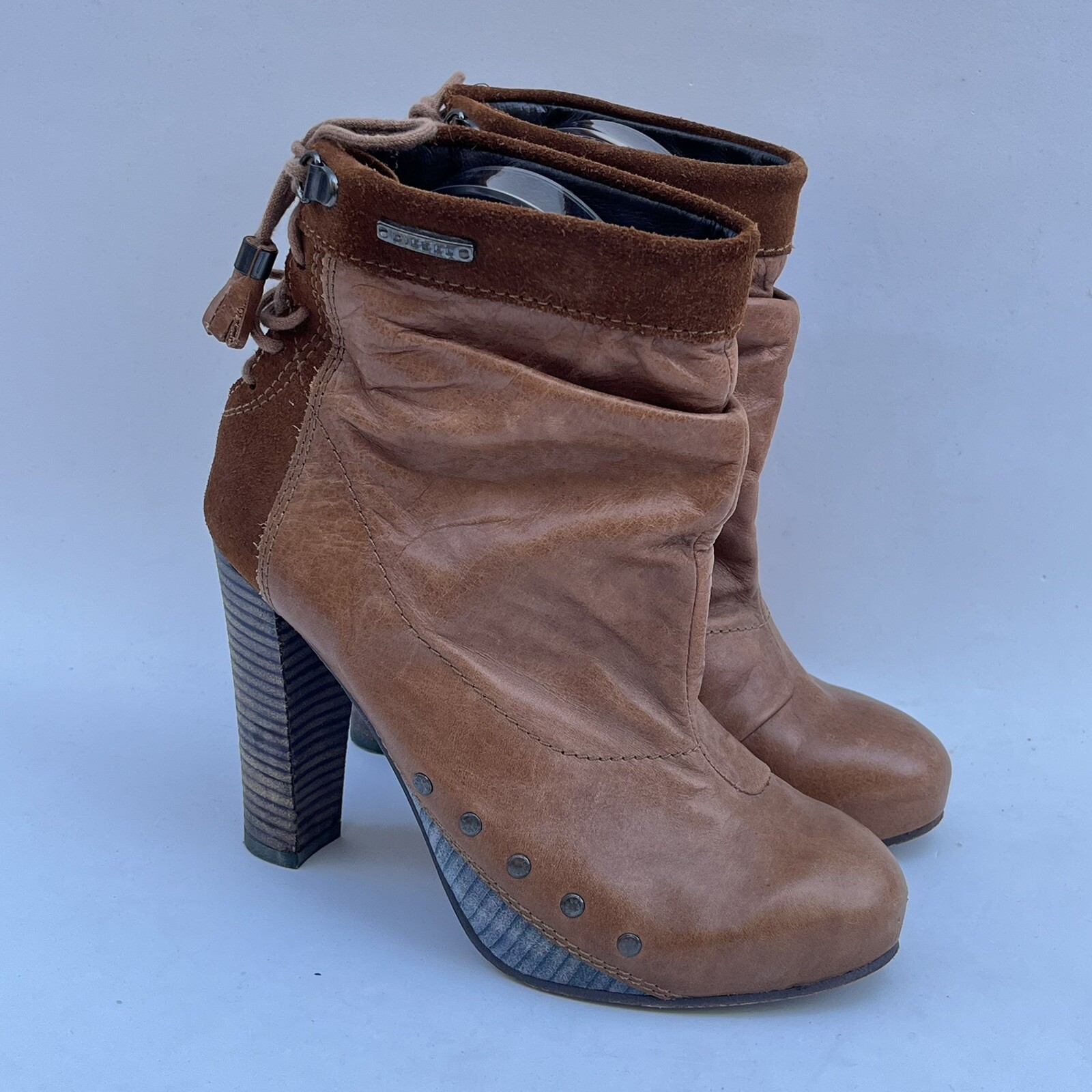 DIESEL Brown Leather Ankle Boots 36 Heeled Studded Lace Up Back Platform Slouchy