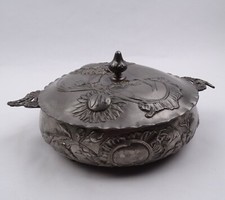 Jugendstil Kayserzinn Deckelschale Dm 26 cm Modell 4038 floral sch&ouml;ne Patina