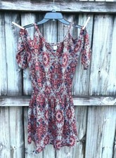 Paper Crane Anthropologie Dress Boho Size S Cut out Shoulder Blue/Rust geo print