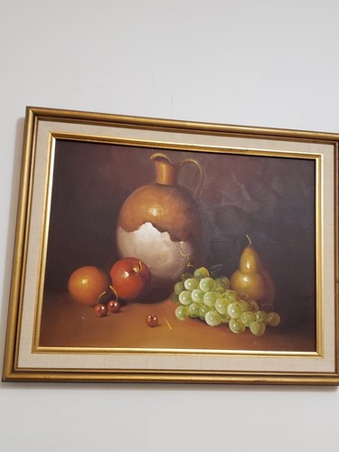 Elegant Still Life with Vase, Grapes, and Assorted Fruits - Signed Oil Painting - Picture 3 of 9