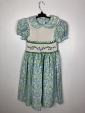 Vintage Handmade Girls Dress Blue Green Floral Smocked Embroidered