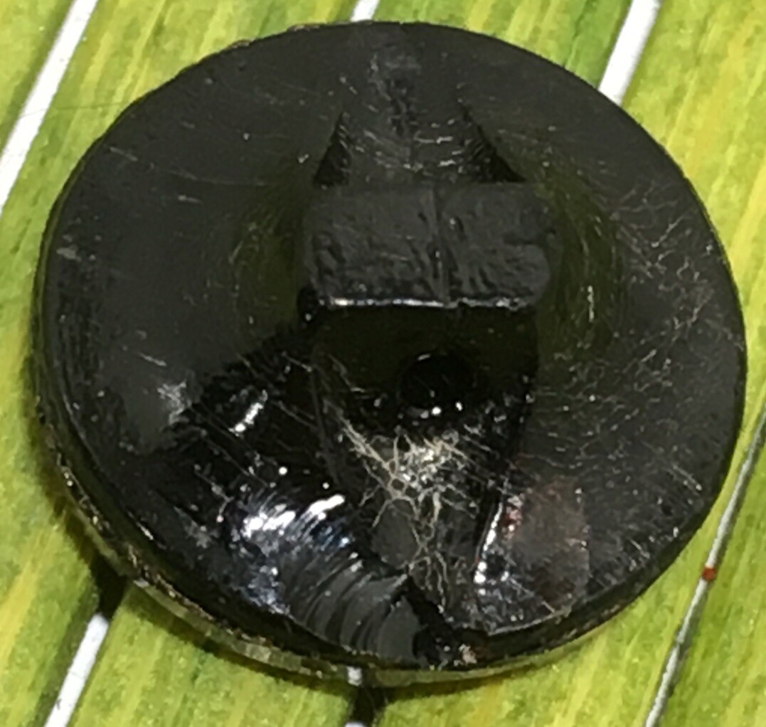 Antique Jet Black Glass Button Gold Foil Embedded Geometric Tunnel Shank 9/16"