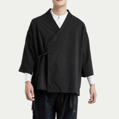 Veste Japonaise Homme Coton Lin – Happi Kimono Haori Vintage Harajuku, Cardigan Décontracté Noir XXL