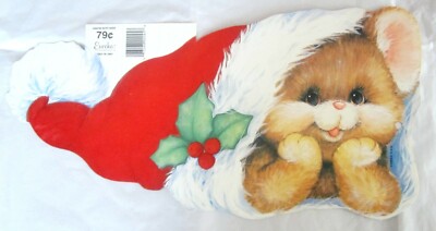 Flocked Die Cut Christmas Mouse in Santa Hat Eureka USA New Old Stock