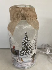 Stony Creek At Home Winter Skates Scene Lighted Small Glass Jar w/Ribbon XJA0319