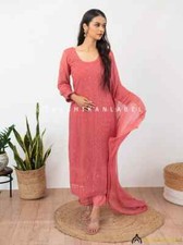 Coral Viscose Chikankari Straight Kurta Set with Dupatta Lucknow Chikankari Set
