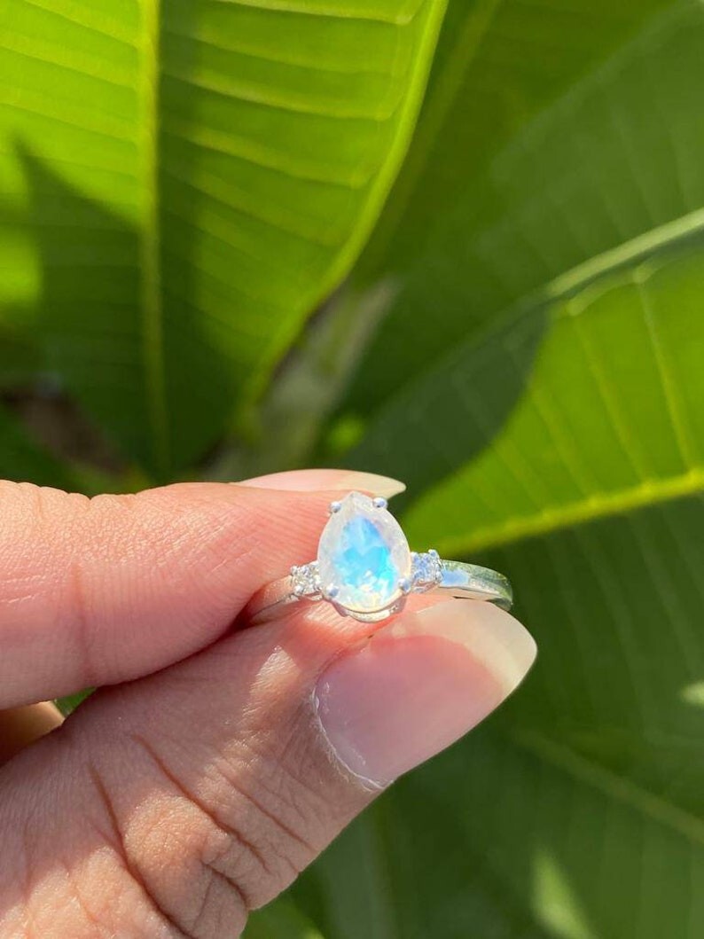 Pear Cut Rainbow Moonstone White Gold Plated silver Engagement