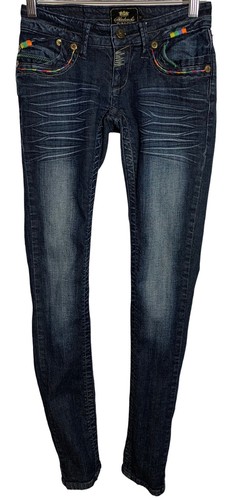 Akademiks Women's Size 25 Embroidered Dark Wash 5 Pocket Low Rise Skinny Jeans - Picture 5 of 11