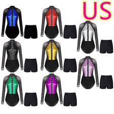 Womens Gymnastics Leotards with Shorts Acrobatics Rhinestones Dancewear Bodysuit