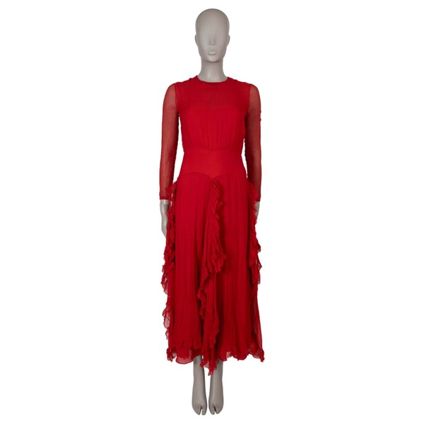 71094 authentisches CHRISTIAN DIOR rot Seide 2018 transparent Rüschen Abendkleid Kleid 38 S