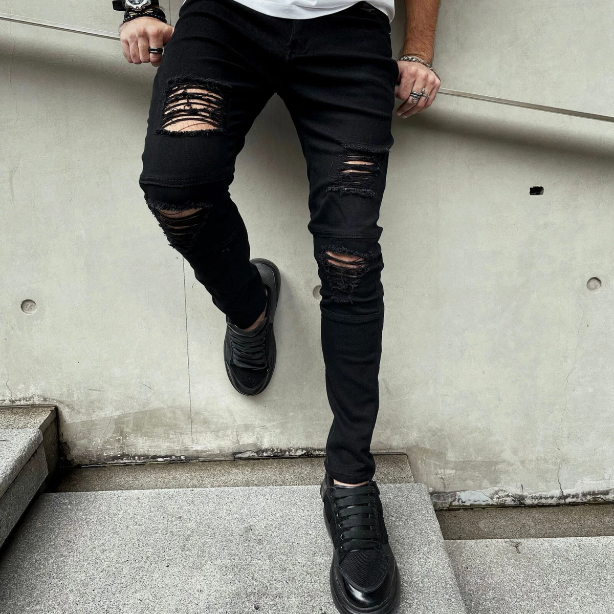 Men's Printed Ripped Jeans Stretch Patch Skinny Jeans Casual Denim Trousers  Pant | eBay