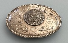 VTG Antique 925 Sterling Silver Engraved Mayan Aztec Tribal Calendar Belt Buckle