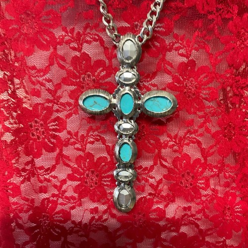 Chain Link 34" Long Statement Necklace with Crystal & Stone Cross Pendant - Picture 7 of 8