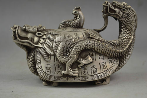 Vintage Old Handwork Tibet Silver Carved Dragon Phoenix Tortoise Tea Pot - Picture 1 of 5