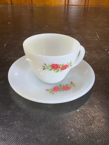Vintage Fire King Milk Glass Red Roses Coffee Tea Cup & Saucer, USA