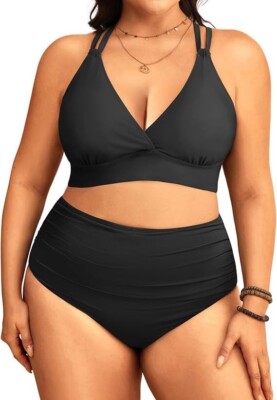 Women Plus Size Two Piece Swimsuit High Waisted Bikini with Double Straps Tummy