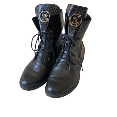 Phillip Plein Grain Leather Chelsea Boot Women 38 or US 7 Black Lace Up