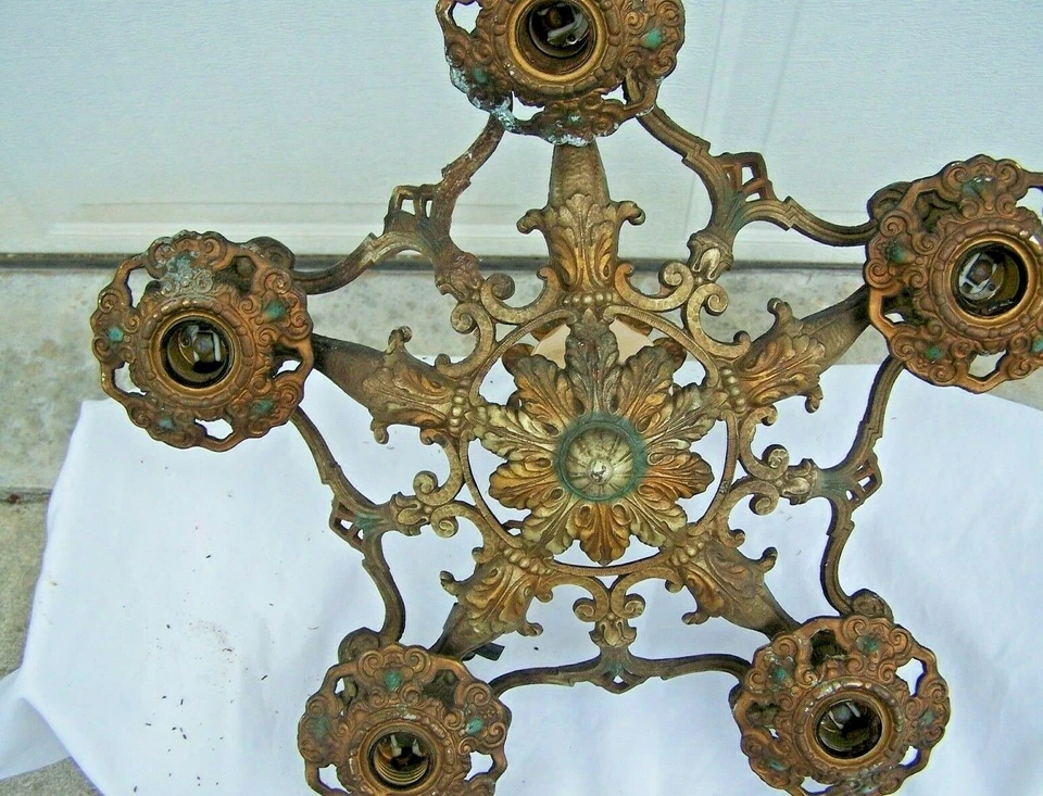 Antique Art Nouveau Cast Metal /Iron Polychrome Chandlier /Light Fixture 1920 #1 - Image 4 of 4