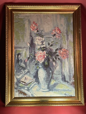 Fabiani Bonvicini Bild Stilleben Rosen Vase Öl Leinwand Gold Holz Rahmen Alt