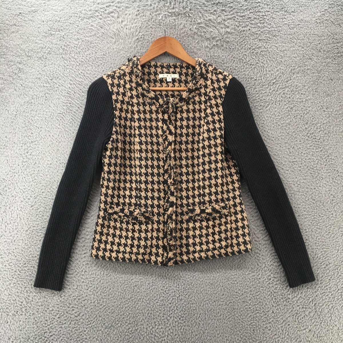 CAbi Blazer Jacket Womens 4 Black Beige Houndstooth Mixer Knit