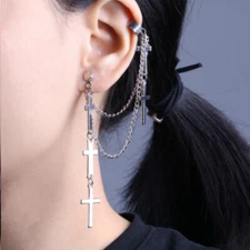 Gothic Punk Cuff Dangle Drop Cross Earrings-Long Chain Stud Tassel, Gift, Silver