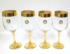 SET OF 4 ALL PURPOSE METALLIC GOLD,CLEAR,AMBER GLASS WINE,GOBLETS,STEM-ITALY