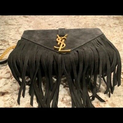YSL Saint Laurent Monogram Suede Black Fringe Crossbody Bag YSL Saint Laurent Monogram Suede Black Fringe Crossbody Bag