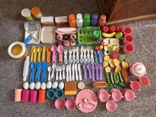 Large lot 125 pc Vintage Fisher Price Fun with Food utensils cups kitchen play