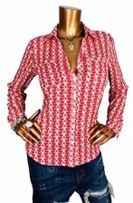 Express Portofino S Top Butterflies Red White Logo Button Up Shirt Long Sleeves