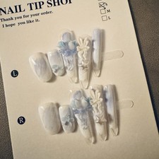 Press-On Nails Long Stiletto White/Blue 3D Flower Acrylic Full Cover Set