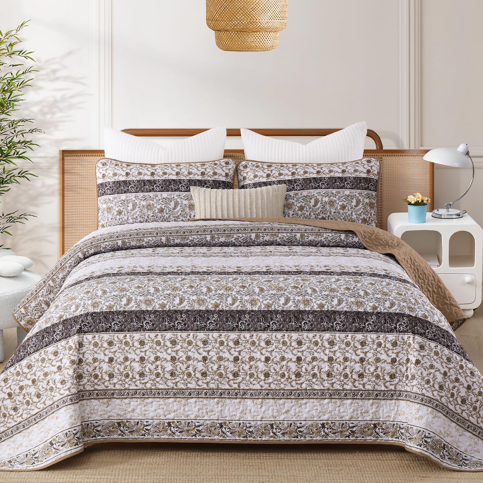 Menghomeus Brown Stripe Paisley Quilt Set King Boho Striped Bedspread Coverle...