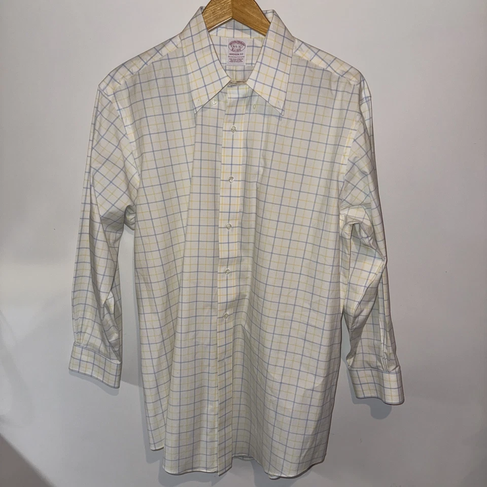 Brooks Brothers Madison Dress Shirt 16 1/2 x 32 Yellow  Plaid Non-Iron Supima - Image 2 of 4